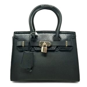 Black Faux Snakeskin Trim Square Crossbody Lock Charm Purse